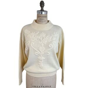 Vtg Laura Daniels Embroidered Sweater Womens M Petite Pale Yellow Floral Grandma